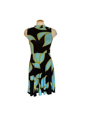 Christian Siriano Black Dress with Aqua & Lime Leaf Print